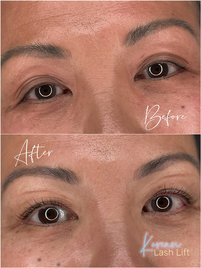 Korean lash lift before and after — the same natural lashes, lifted and curled