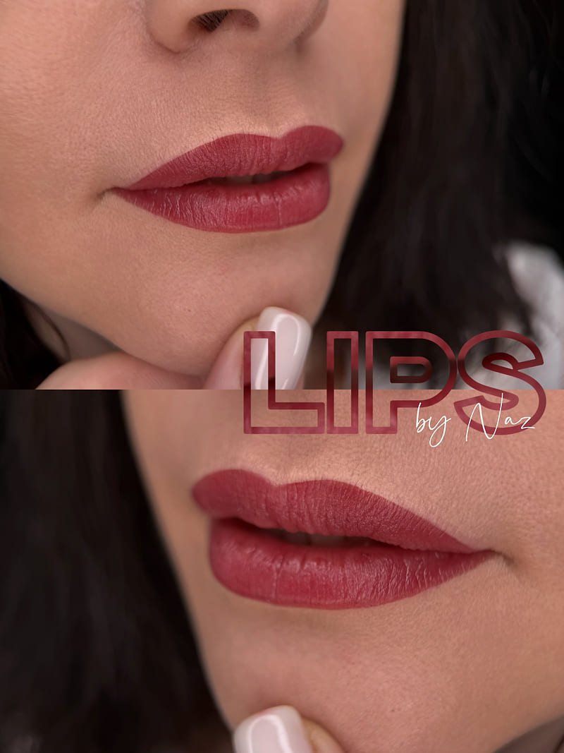 Lip blush before and after — fuller, more defined lips in a natural rose